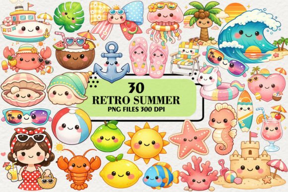 Download Kawaii Retro Summer Clipart Bundle - Retro summer Collection